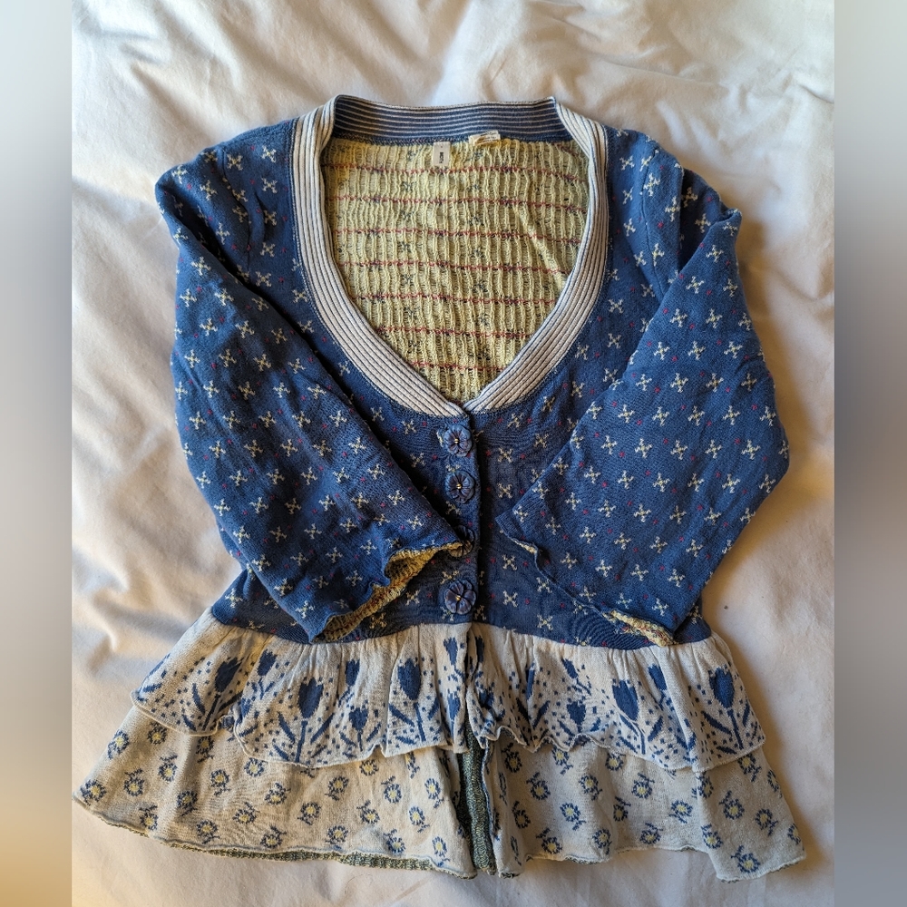 Cottage core blue floral cardigan with pansy buttons by Anthropology